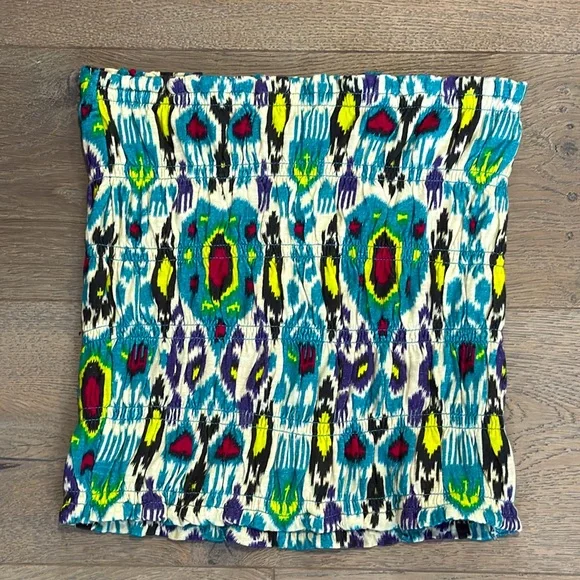 Anthropologie Women's Smocked Tube‎ Top Blue/Green Ikat Print Strapless Tank-S - Picture 2 of 9